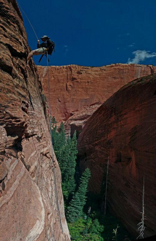 Tim Barnhart on the big wall rappels in the Slickrock entrance to Ice Box